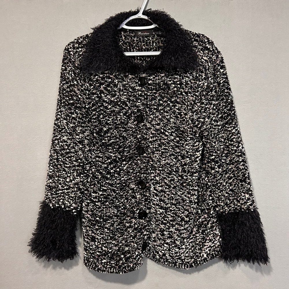 Rainbow Canada Black White Knitted jacket Womens Medium‎ Faux Fur cuffs & Collar
